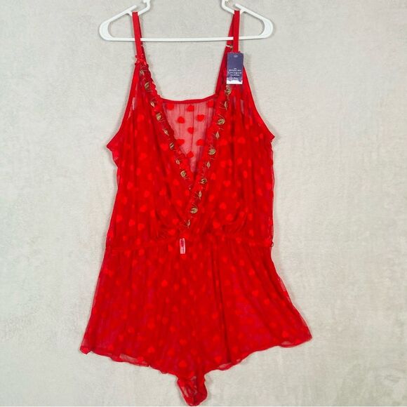 Cacique Heart Lace Cherry Romper Crossover Neck Plus Size 22/24 Haute‎ Red NEW - Picture 3 of 12